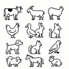 Charming farm animal icon collection in a hand-drawn line art style. Includes cow, pig, sheep, chicken, and other domestic livestock. Perfect vector set for agricultural themes.