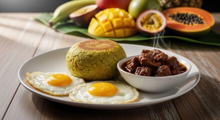 A plate of breakfast featuring fried eggs, a green round dish, and a bowl of curry