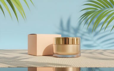 Luxury Face Cream Jar with Gold Lid and Box on Tropical Background