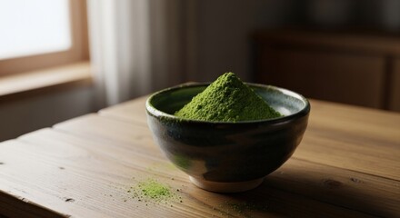 A close-up of a small, dark-gray bowl filled with a conical pile of bright green matcha powder, resting on a light-brown wooden table near a window