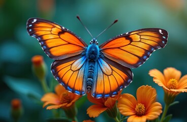 Naklejka premium Detailed macro shot of orange, blue butterfly resting on vibrant orange flowers. Butterfly displays intricate wing patterns, delicate antennae against soft green blurred background. Beautiful insect
