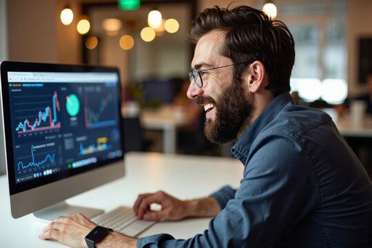 A portrait of a young man with a confident smile, eyeglasses, and a stylish beard, analyzing data on a laptop and dashboard for technology finance operations