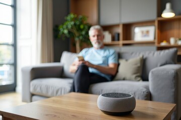 Obraz premium An Elderly Man Enjoying Smart Speaker Voice Control in Modern Apartment