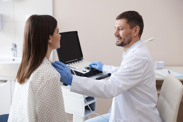 Fototapeta premium Sonographer conducting woman's ultrasound examination in clinic