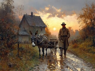 Classic vintage painting of a farmer and donkey pulling a cart at twilight