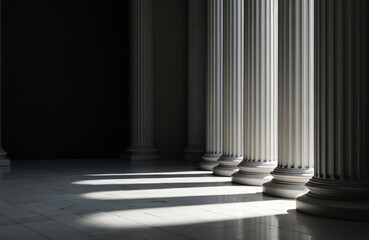 Row of classical white columns receding into darkness, history, strength, architectural legacy. Sunlight casts shadows on tiled floor, creating minimalist, elegant design with symmetry, balance.