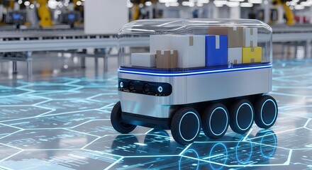 Autonomous delivery robot carrying packages in a modern factory, showcasing the future of logistics and automation in a smart industrial environment with advanced technology