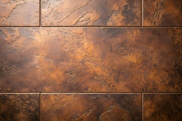 Closeup of a textured, weathered wall with a rustic, aged copper or bronze patina effect