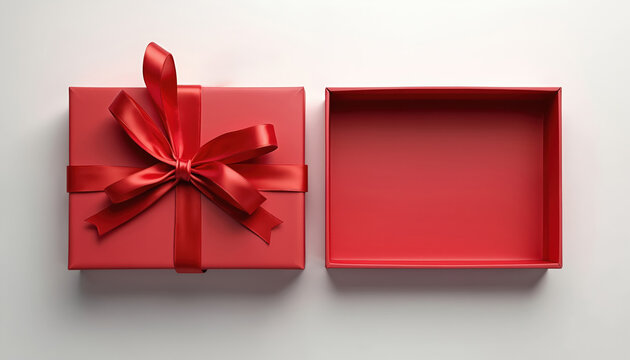 Open empty red gift box with red ribbon bow top view flat lay on white background. Clean presentation setup for product placement, promotions, retail display, special occasions. Box shows elegant
