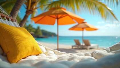 Hammock with bright yellow pillows rests on sunny beach. Palm trees, orange umbrellas, lounge chairs create tropical paradise atmosphere. Ocean waves gently lap shore, offering serene escape,