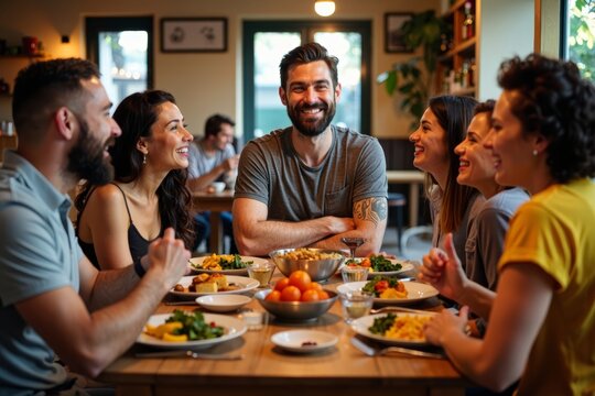 A diverse group of friends sharing laughter and enjoying a cozy home-cooked meal at a Brazilian restaurant.