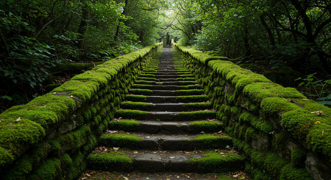 Stairway to heaven wooden stairs in forest pathway summer nature trail outdoors - Powered by Adobe