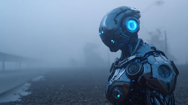 Futuristic robot standing in foggy urban landscape