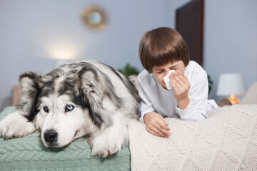 Boy suffering from allergy with her dog on bed at home