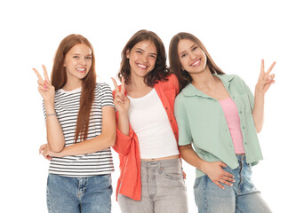 Portrait of happy friends on white background