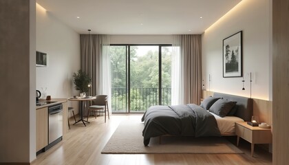 Modern minimalist studio apartment features clean surfaces, smart furniture, neutral tones. Includes cozy bed, small dining area, well-equipped kitchenette with dishwasher. Large windows offer serene