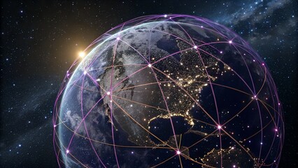 A glowing earth surrounded by connected nodes and lines in a dark starry space background