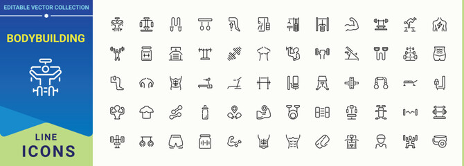 Bodybuilding icon set in linear style. Icons for UI design. Fitness icon set. It contains symbols to equipment, healthy, activity, training, fitness and more.