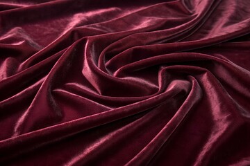 Obraz premium Closeup of flowing burgundy velvet fabric with a rich, lustrous sheen and soft texture, creating elegant folds
