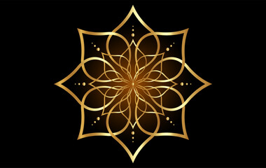 Sacred Lotus flower, gold line art floral ornament, luxury logo design. Flower blossom symbol of yoga, spa, beauty salon, cosmetics, relax, brand style. Vector isolated on black background