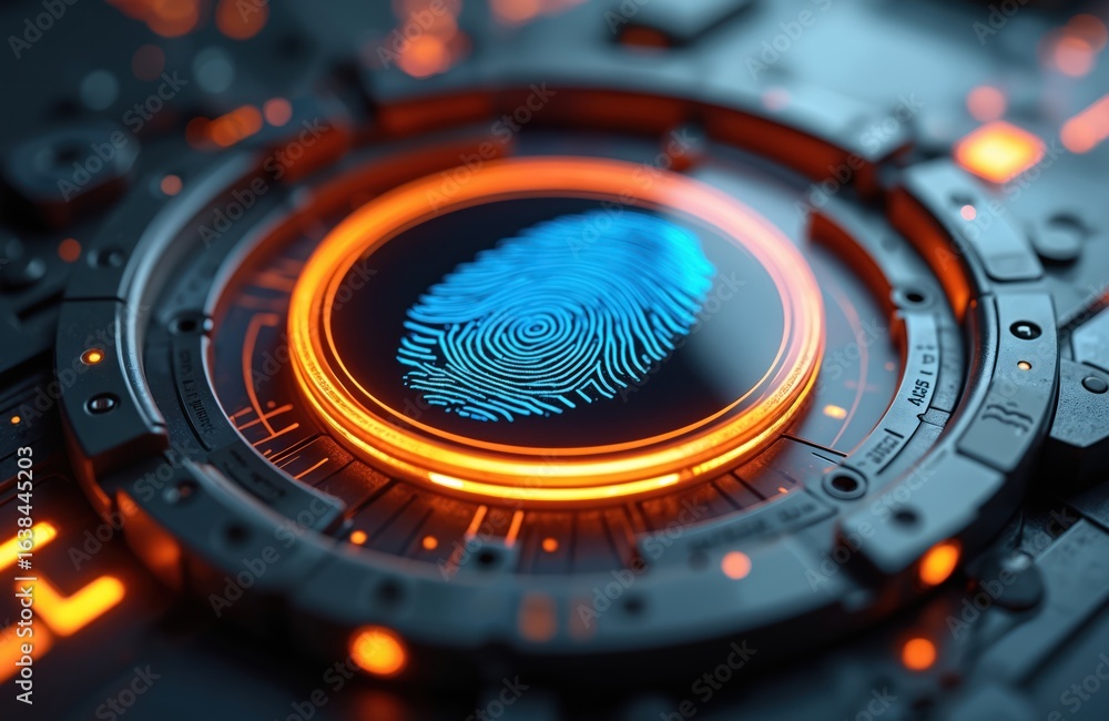 Poster futuristic fingerprint scanner interface with glowing blue biometric data. modern digital technology