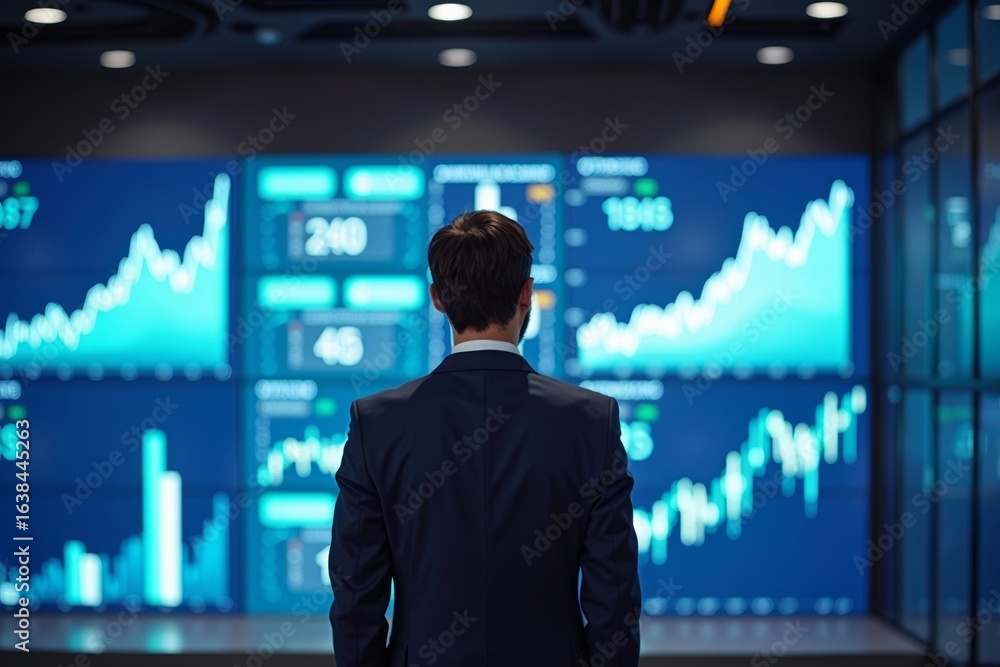 Poster businessman presenting data on digital screens with graphs and data points.