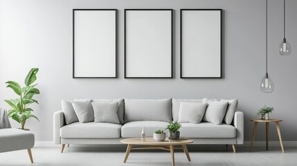 Set of Three Blank Black Frames Mockup on Gallery Wall
