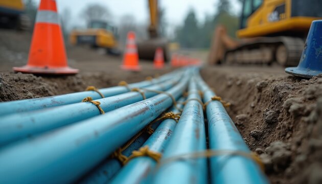 Underground cable installation project featuring blue pipes laid in trench on construction site. Heavy machinery, safety cones visible in background, indicating active civil engineering,