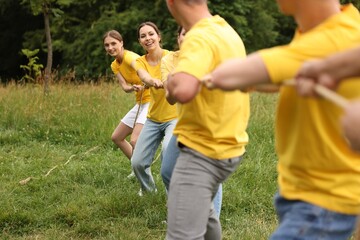 Fototapeta premium Team building. Group of happy people playing tug of war with rope outdoors
