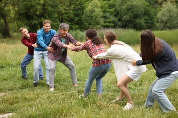 Fototapeta premium Team building. Group of happy people holding hands outdoors