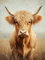 Classic vintage painting of a tan highland cow with soft background