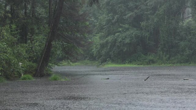 Silne opady deszczu i odbijające się krople deszczu o lustro wody  