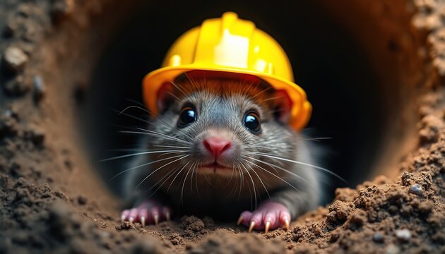Charming mole wearing yellow construction helmet peeks from underground tunnel. Soft glowing light illuminates its face. Whimsical nature animal poses as construction worker, ready for adventure.