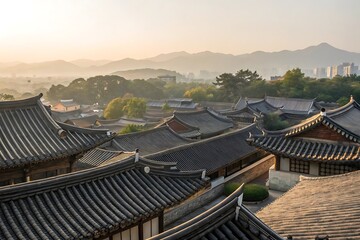 Naklejka premium Aerial view of traditional korean rooftops at dawn