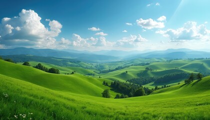 Obraz premium Expansive green rolling hills under a bright blue sky with fluffy clouds. This scenic countryside landscape evokes a sense of peace and vastness. It is perfect for travel, nature, and rural themes.