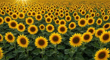 A vast field of sunflowers stretching to the horizon under a bright sunlit sky on a sunny day