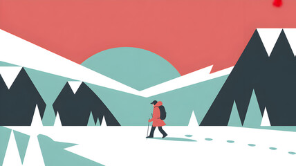 Obraz premium Adventurous hiker treks through a serene, snow-covered mountain landscape at sunrise.