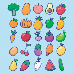 Fresh fruit and vegetable vector illustrations icons set.