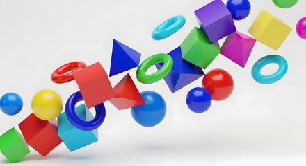 A playful arrangement of colorful geometric shapes including cubes, spheres, rings, and pyramids, creating a modern and abstract design isolated on white background