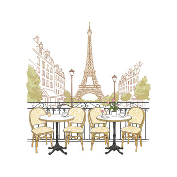 Romantic Parisian Cafe Sketch Eiffel Tower View Outdoor Tables Chairs