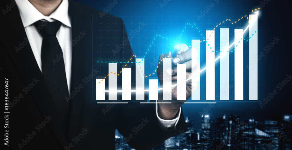 Poster a businessman stands in front of dynamic financial graphs and data visuals, symbolizing growth and s