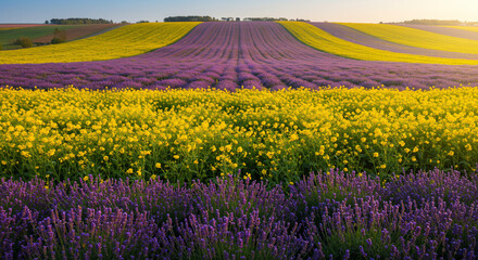 Aerial view of lavender and rapeseed fields creating a colorful pattern in the countryside landscape