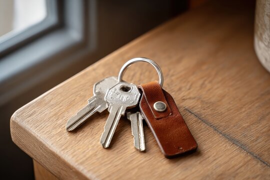 Leather keychain with keys on wooden table, near window. Lifestyle use
