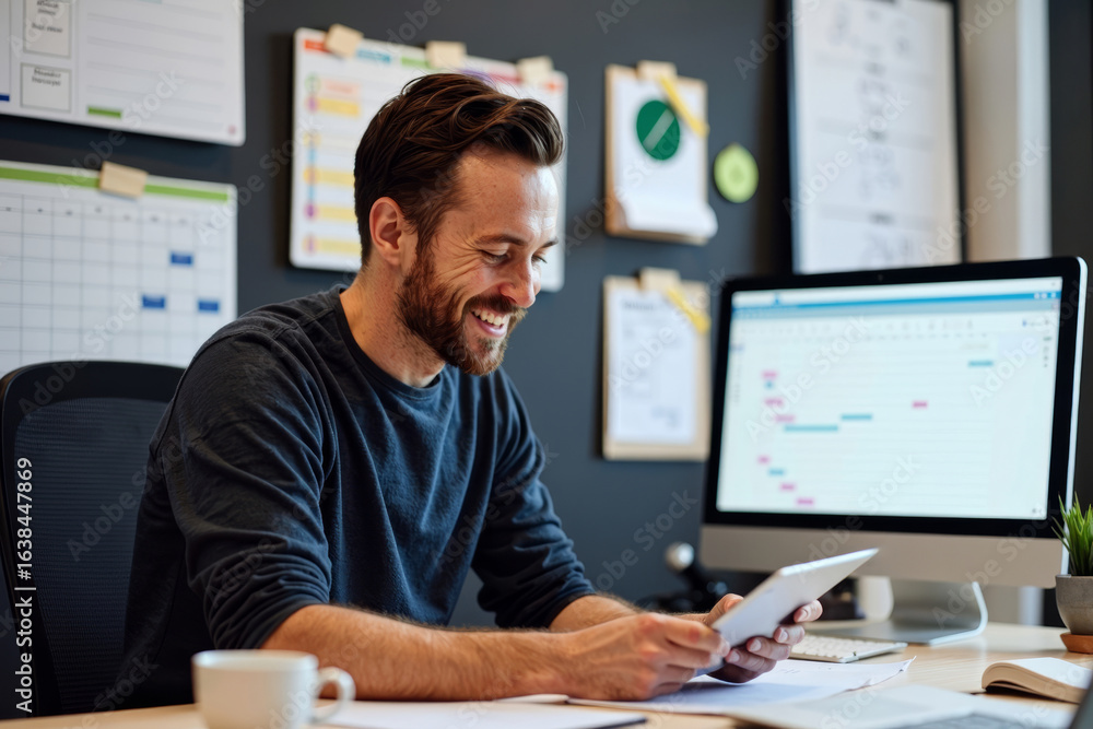 Poster man utilizing tools and devices for business management in an office setting