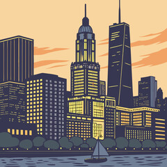 Obraz premium Skyline vector illustration of a modern city at dusk