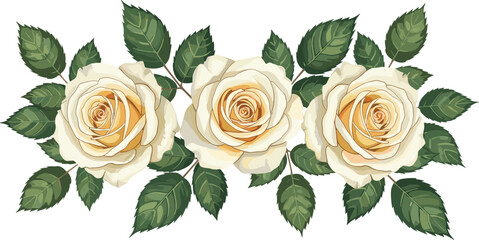 Cream roses illustration, yellow center flowers, botanical art, realistic floral design, green leaves, nature beauty, decorative print, elegant bloom