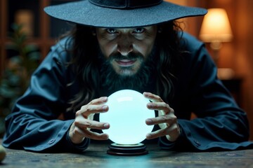 Mysterious fortune teller peering into a crystal ball, foretelling the future with an aura of secrecy and intrigue.