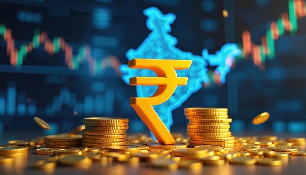 3D illustration Indian rupee icon amidst falling coins, stacks of gold. Neon blue outline of India appears in background, overlaid with blurred stock market graphs, digital data. Visual represents