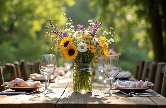 Rustic table setting features cheerful bouquet of wildflowers including sunflowers, daisies in glass jar. Elegant wine glasses, folded napkins on plates adorn wooden table, set for summer celebration - Powered by Adobe