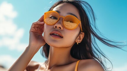 Close-up portrait of a woman wearing bright yellow sunglasses.